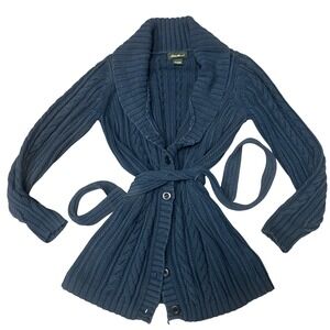 Eddie Bauer Navy Blue Cable Knit Shawl‎ Collar Belted Cardigan Sweater Women's M